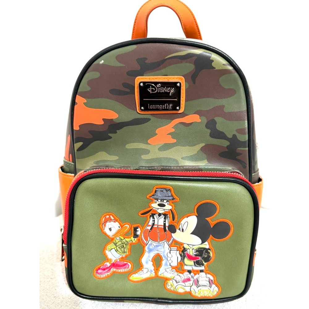 Disney Loungefly Mickey Goofy Donald Green & Orange Camouflage Mini Backpack